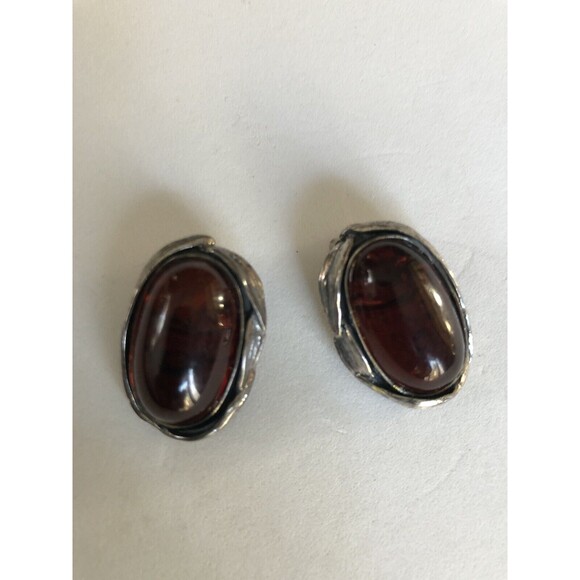 Vintage Amber Sterling Silver Earrings Clip On Baltic Amber Cognac - Picture 5 of 8